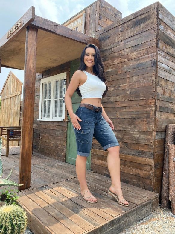 Womens Mid Rise Cargo Bermuda Jean Shorts