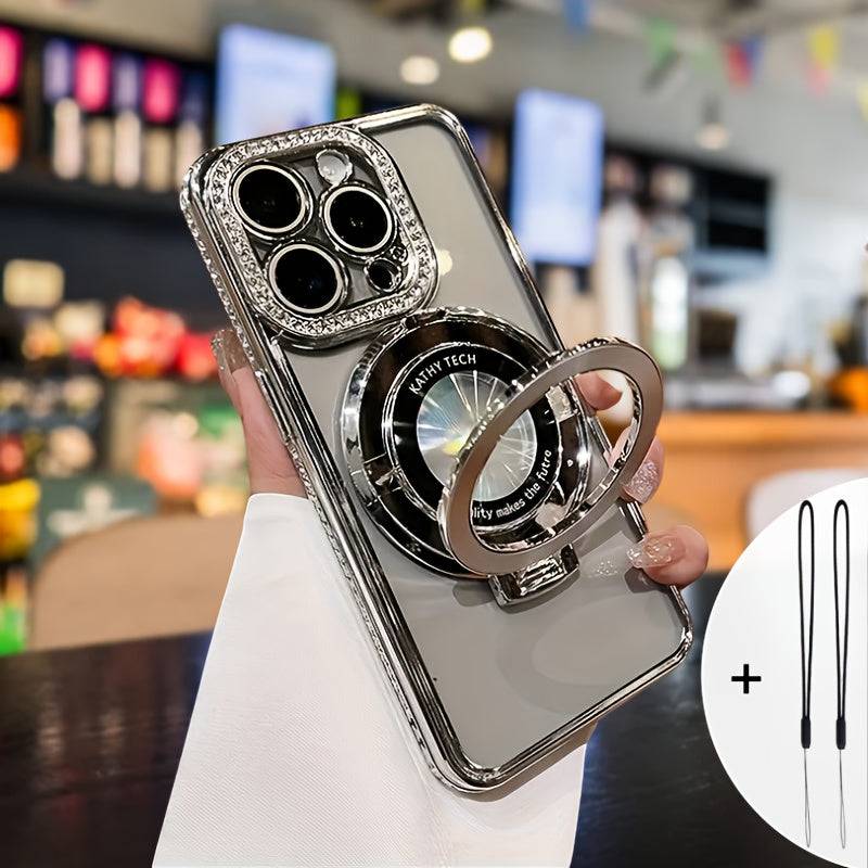 Luxury Magnetic iPhone Case with Diamond Frame – Lens Film, Stand Support & Dual Lanyards, Shockproof Cover for iPhone 14 to 16 Plus, Pro & Pro Max
