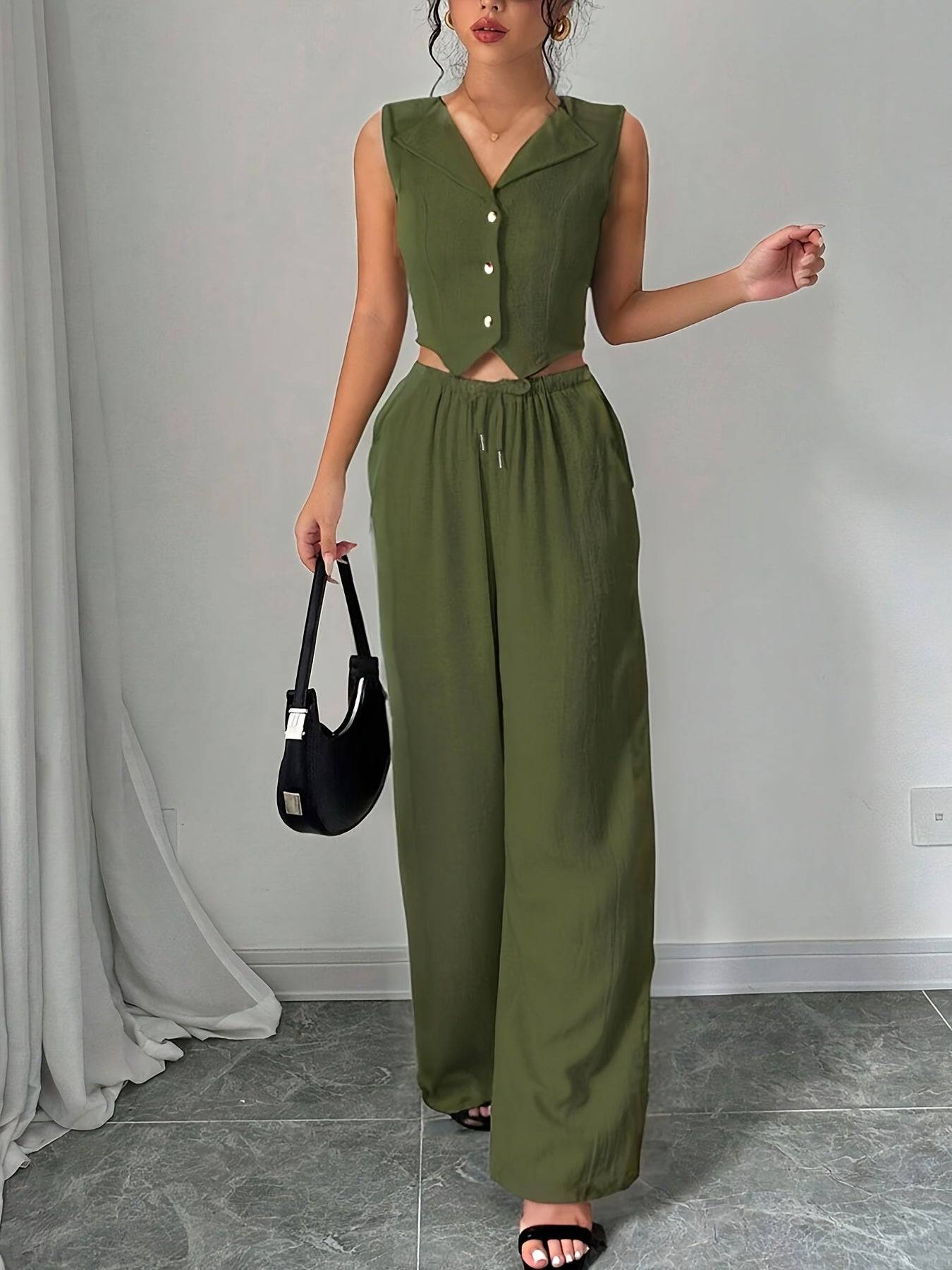Women’s Two-Piece Set – Sleeveless Blazer Collar Top & Casual Pants for Work, Outings & Holidays