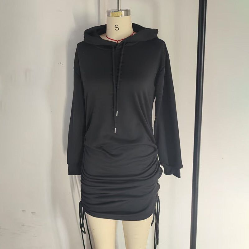 Hooded Bodycon Dress with Drawstring Ruched Detail