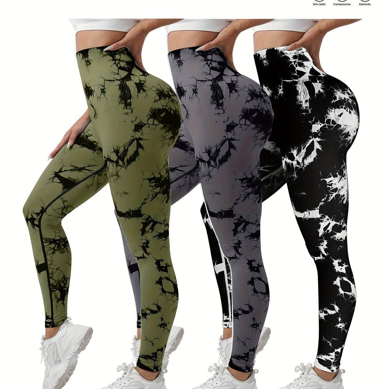 3-pack women’s seamless high-waisted tie-dye leggings, butt-lifting compression fit, multicolor 9/10 sports pants
