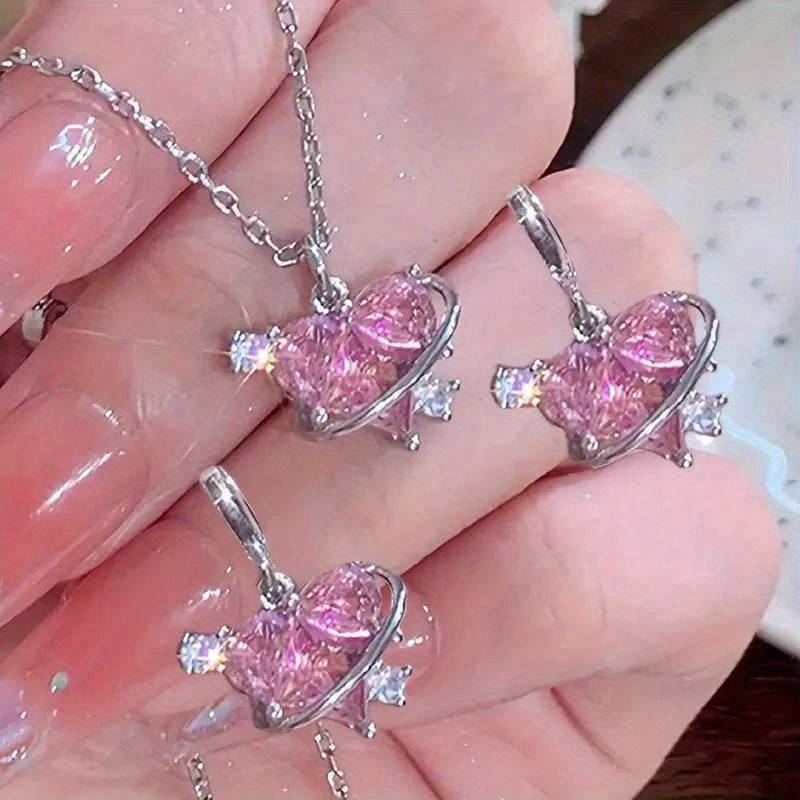 Women's 3-Piece Pink Heart Jewelry Set, Y2K-Inspired Earrings and Necklace with Sparkling Bling Design, Perfect for Parties and Daily Wear