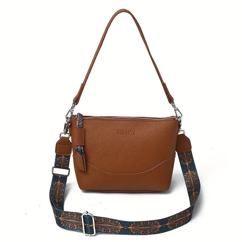 PU Crossbody Bag With Ethnic Embroidery And Zipper
