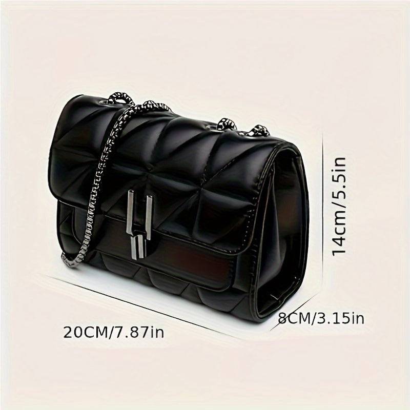 Small Black Belt Bag with Chain Strap – Scottish Pattern, Lock Closure, Faux Leather, Light Luxury Style