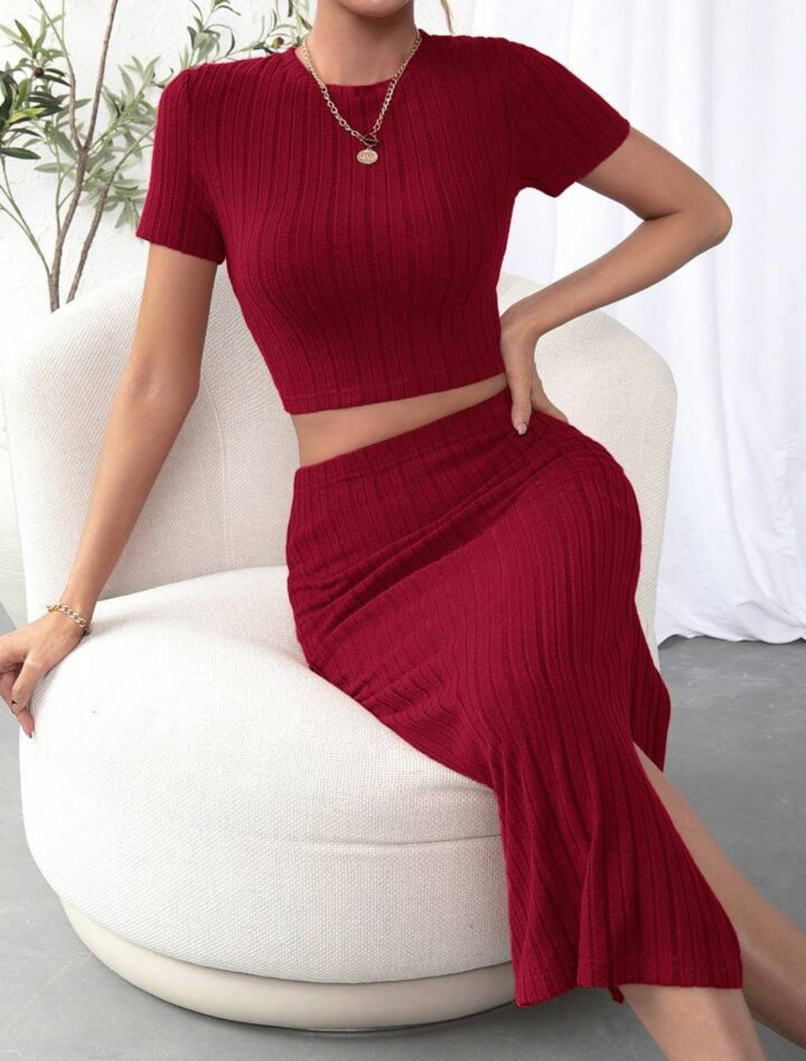 High Waist Skirt and Top Set Slim Fit Side Detail Two Piece