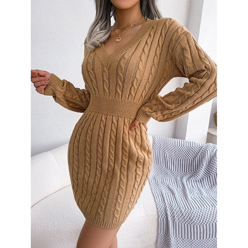 Dress V Neck Long Sleeve Bodycon Sweater Mini