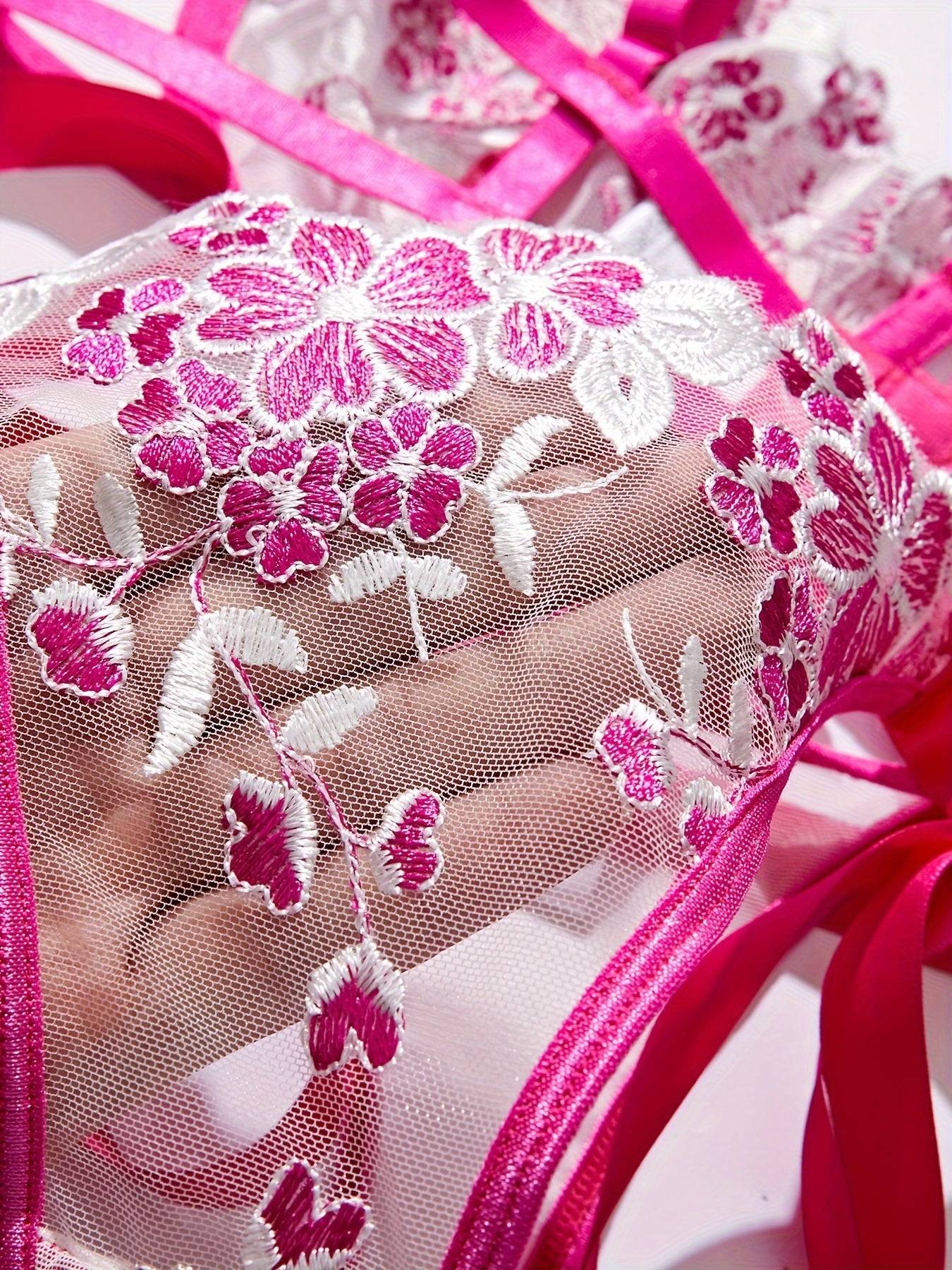 Women's Mesh Floral Embroidery Lingerie Set – Transparent Bra with Strap Design & Matching Underwear