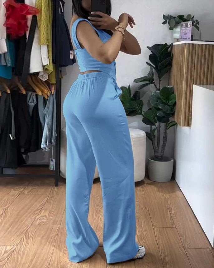 Women’s Two-Piece Vest Suit Apricot Spaghetti Strap Crop Top with High Waist Wide Leg Trousers