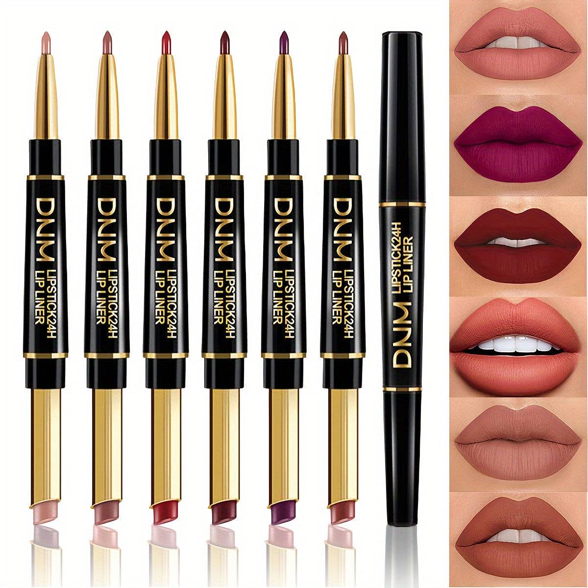6pcs Matte Lipstick & Lip Liner Set Double-Ended Waterproof Pencils Nude to Red Shades for All-Day Wear
