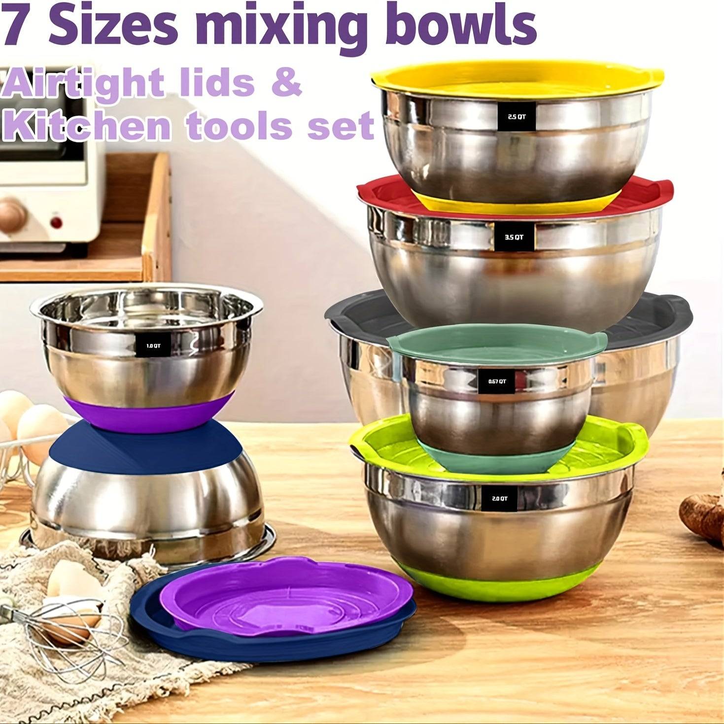 20pcs Stainless Steel Mixing Bowls Set with Lids Non-Slip Silicone Base Multiple Sizes for Baking, Serving & Prep