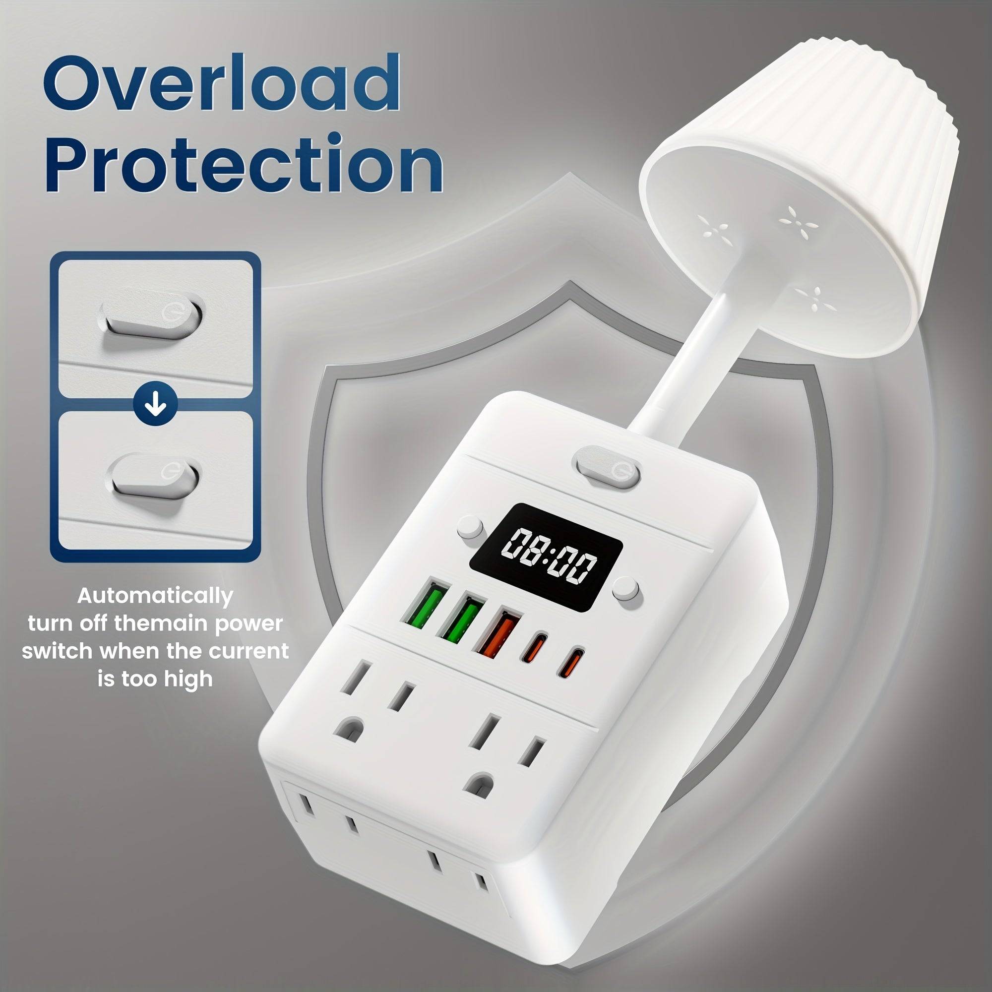 11-in-1 Power Strip Charging Station 4 Outlets, USB-A & USB-C Ports, Desk Lamp & Digital Clock Overload Protection