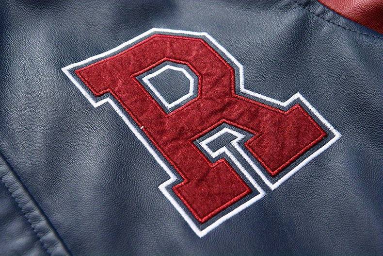 Plus Size Men’s PU Baseball Jacket with Letter “R” Print, Oversized Punk Raglan Design for Big & Tall, Spring & Autumn Wear