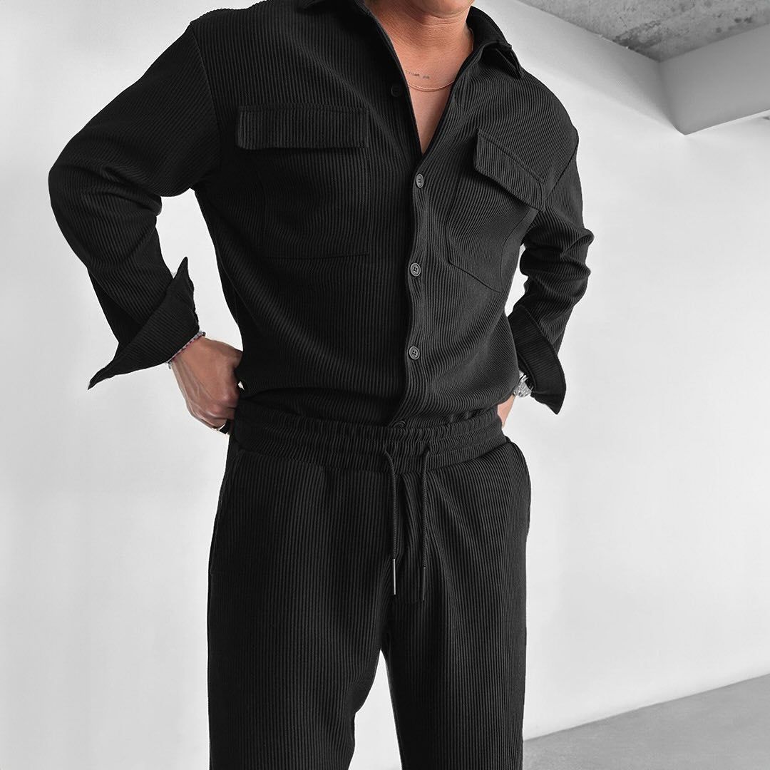Men’s Long Sleeve Shirt Solid Color Loose Fit Lapel Cardigan Style Polyester Casual Top