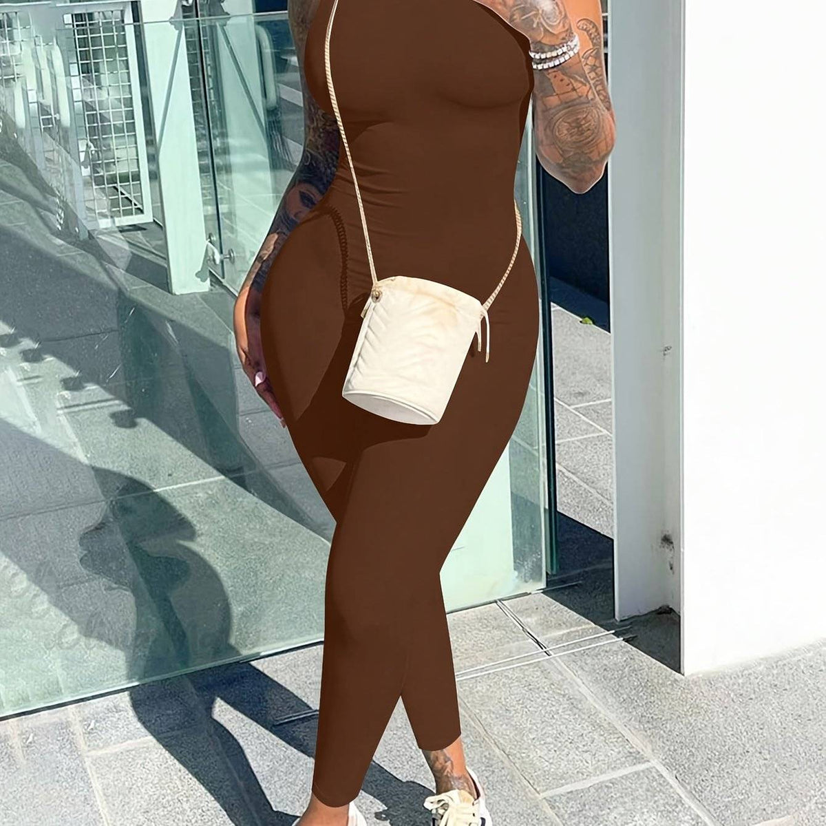 Women’s High-Waisted Sleeveless Jumpsuit – Stretchy Round Neck Solid Color Romper for All-Season Casual & Sporty Wear