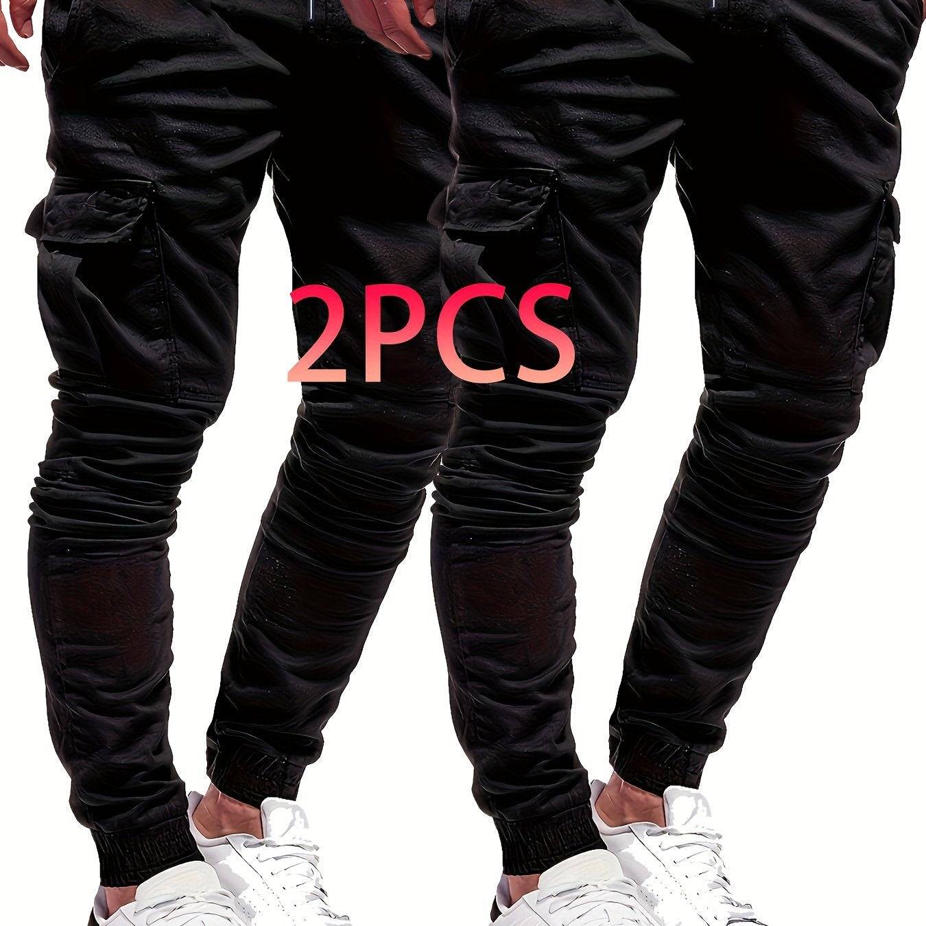 Men’s Cotton Joggers 2-Pack – Elastic Waist, Side Pockets, Solid Color for Spring/Autumn