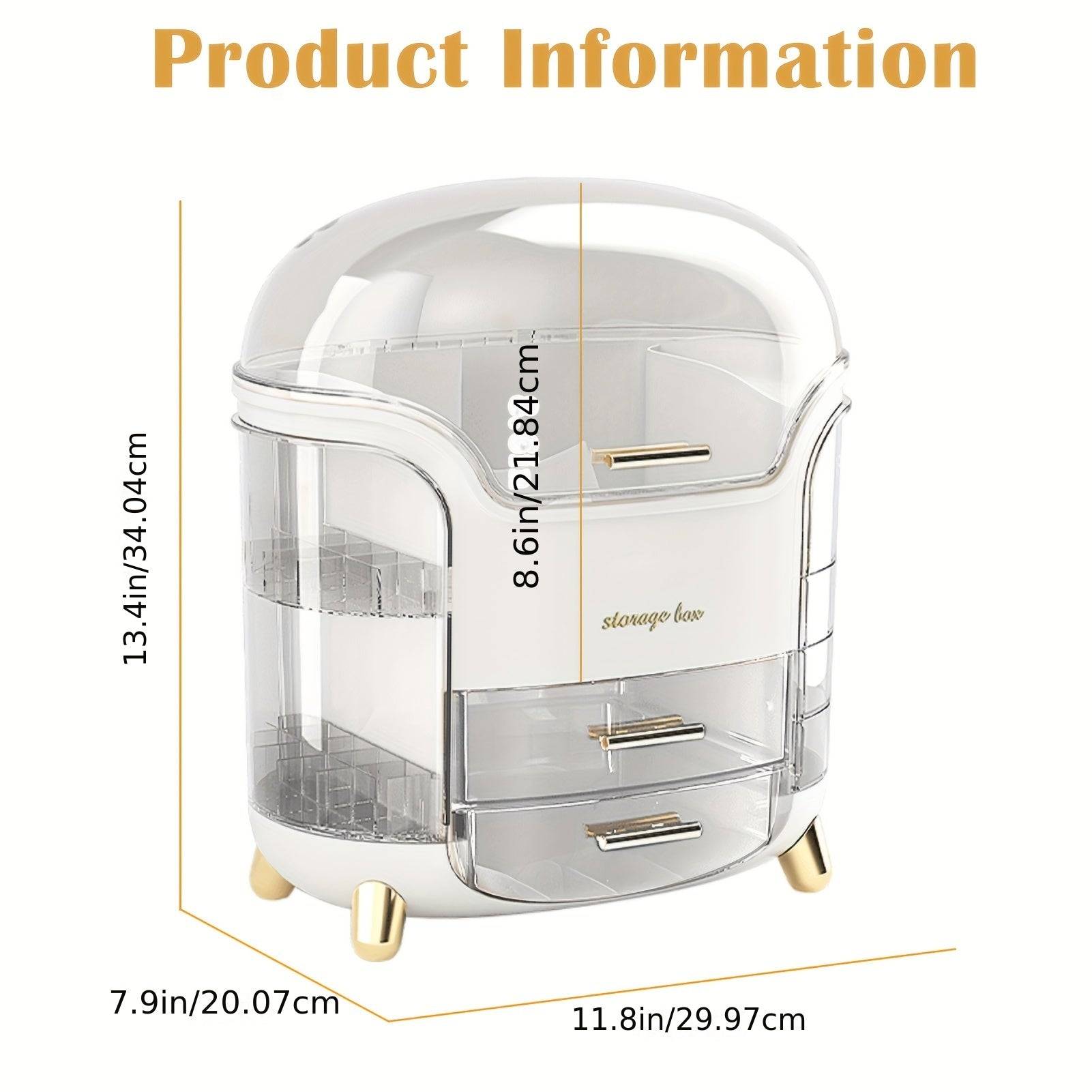 Dimensions of Makeup Storage Organizer with Clear Lid, showing compact waterproof design for bathroom and vanity cosmetic storage.