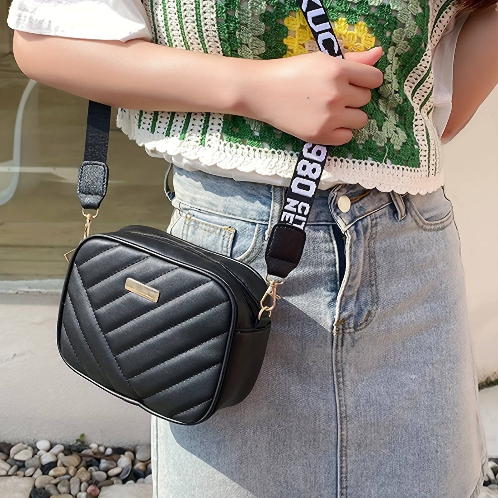Women’s Quilted Crossbody Bag, Compact Shoulder Purse with Adjustable Strap, Black & White with Gold Plaque
