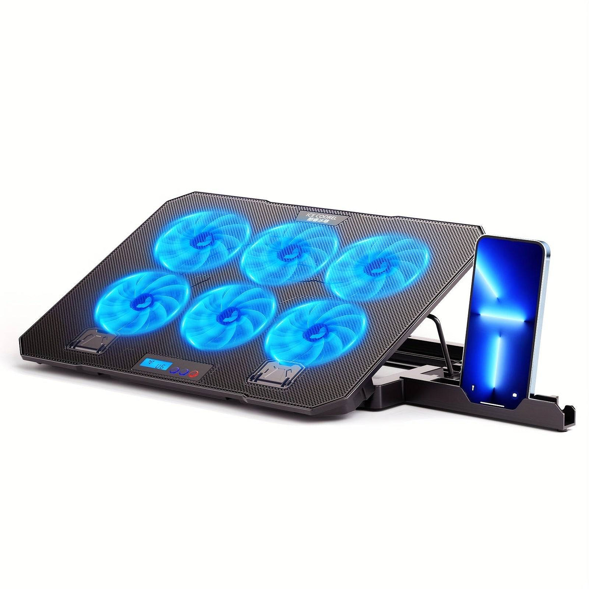 ICE COOREL Adjustable Laptop Stand with Cooling Fan and RGB Lighting, Universal Laptop Cooling Pad with Phone Holder for 15.6–19.3" Gaming Laptops