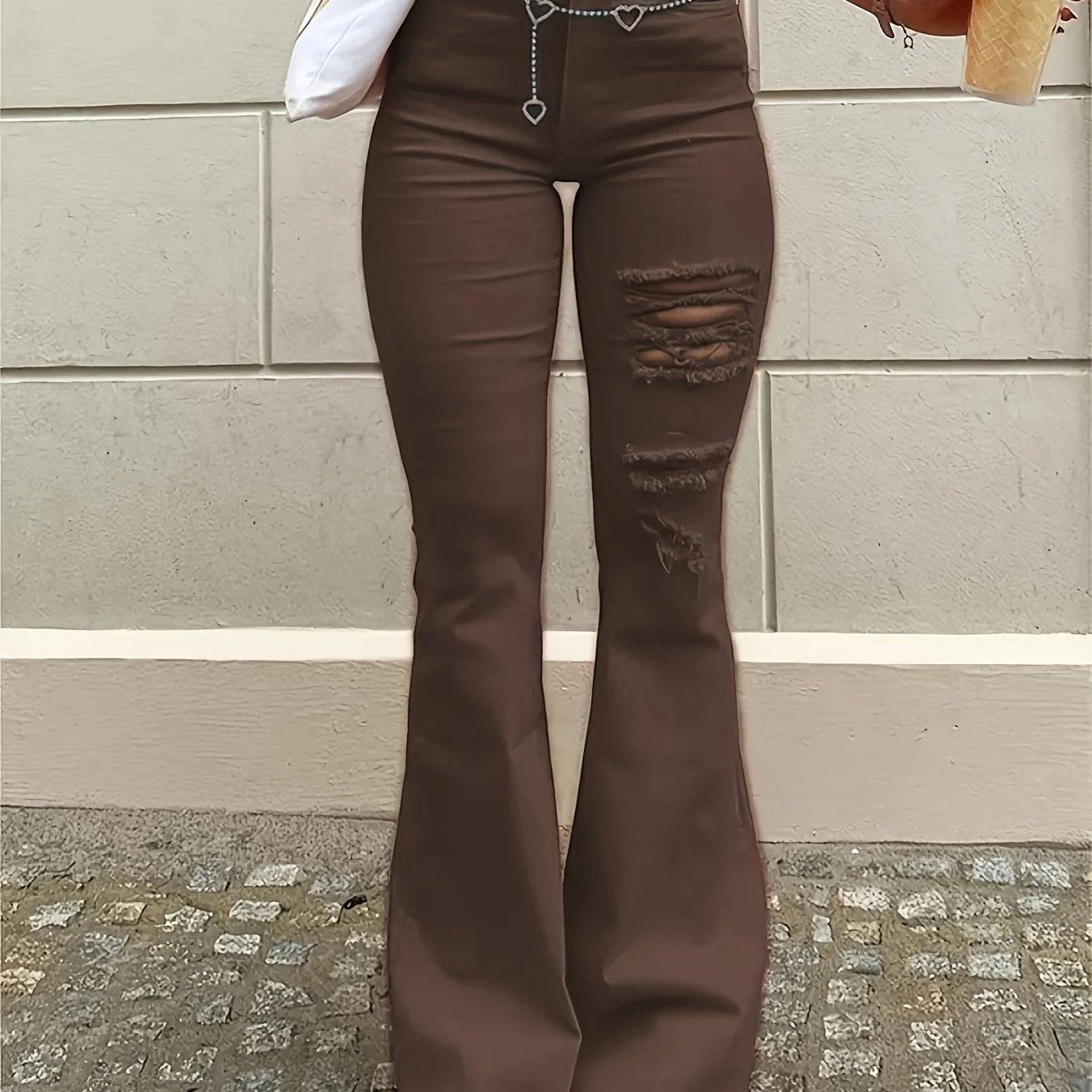 Women’s Boho Flared Jeans High-Waisted Brown Denim with Ripped & Frayed Hem Slim Fit for All Seasons