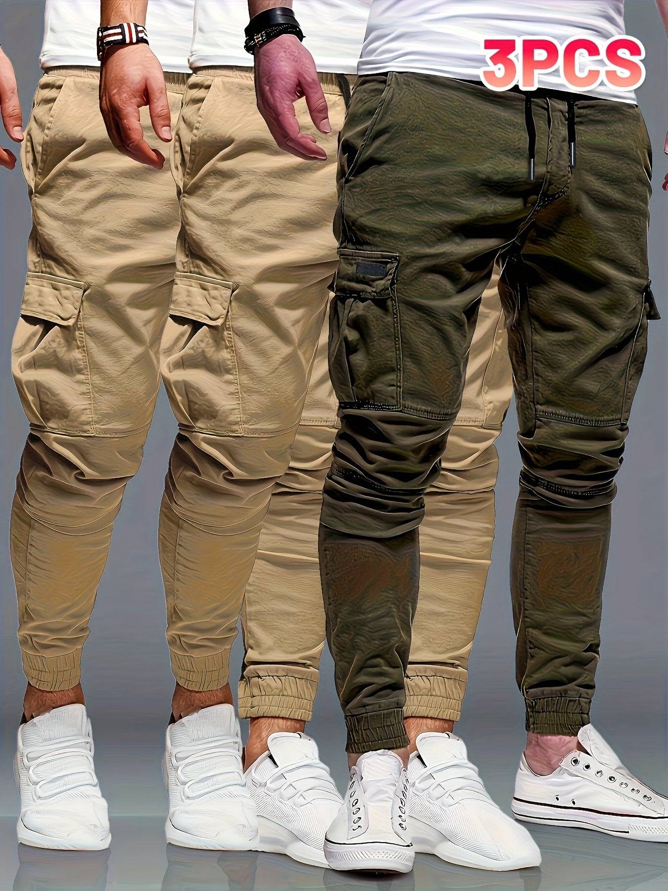 3pcs men's drawstring jogger pants with elastic waist, multi-pocket, regular fit, solid color for gym and casual use