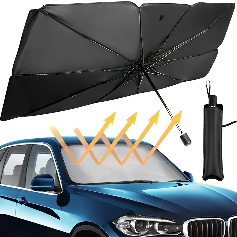 Foldable car windshield sun shade umbrella for front windows, blocks UV rays and heat, fits most car models