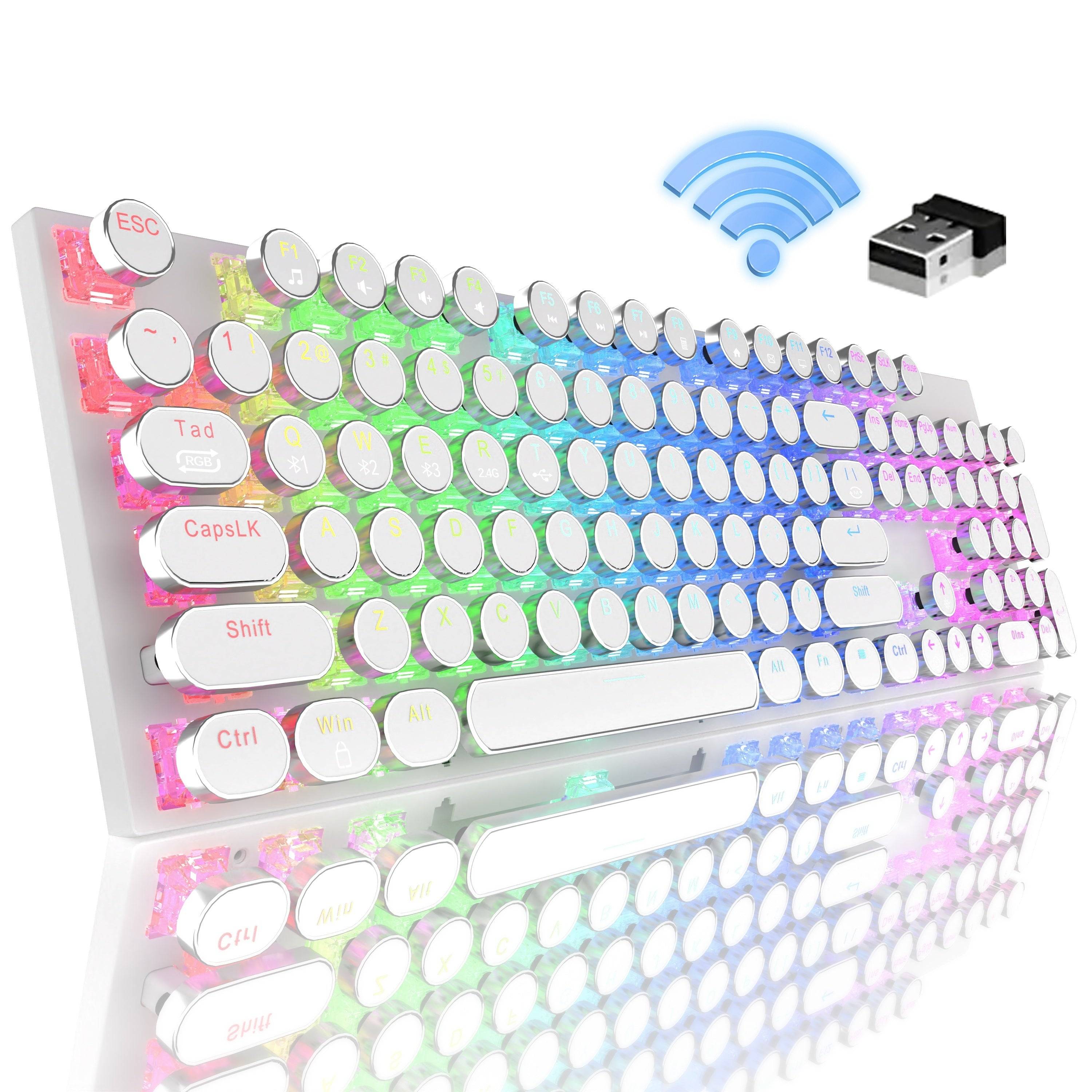 RGB Wireless Mechanical Keyboard with Round Typewriter Keycaps, 104-Key Triple Mode for Win/Mac, Blue Switch
