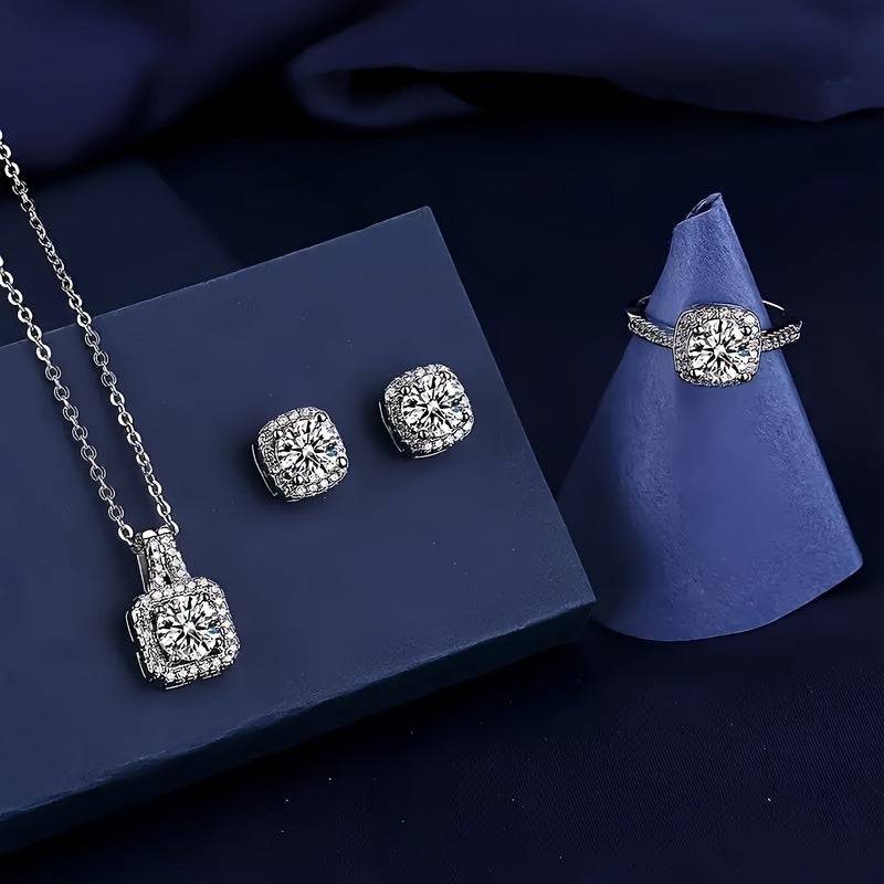 Women's 4-Piece Rectangular Zirconia Jewelry Set, Silver-Plated Earrings, Necklace and Ring, Elegant Luxury Gift for Weddings and Special Occasions