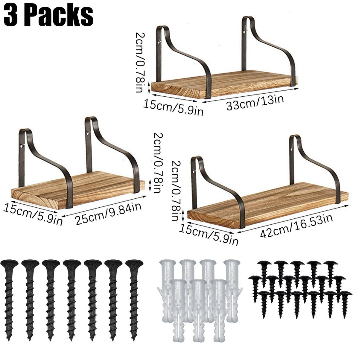 3 Piece Floating Shelves Set with Metal Wall Brackets