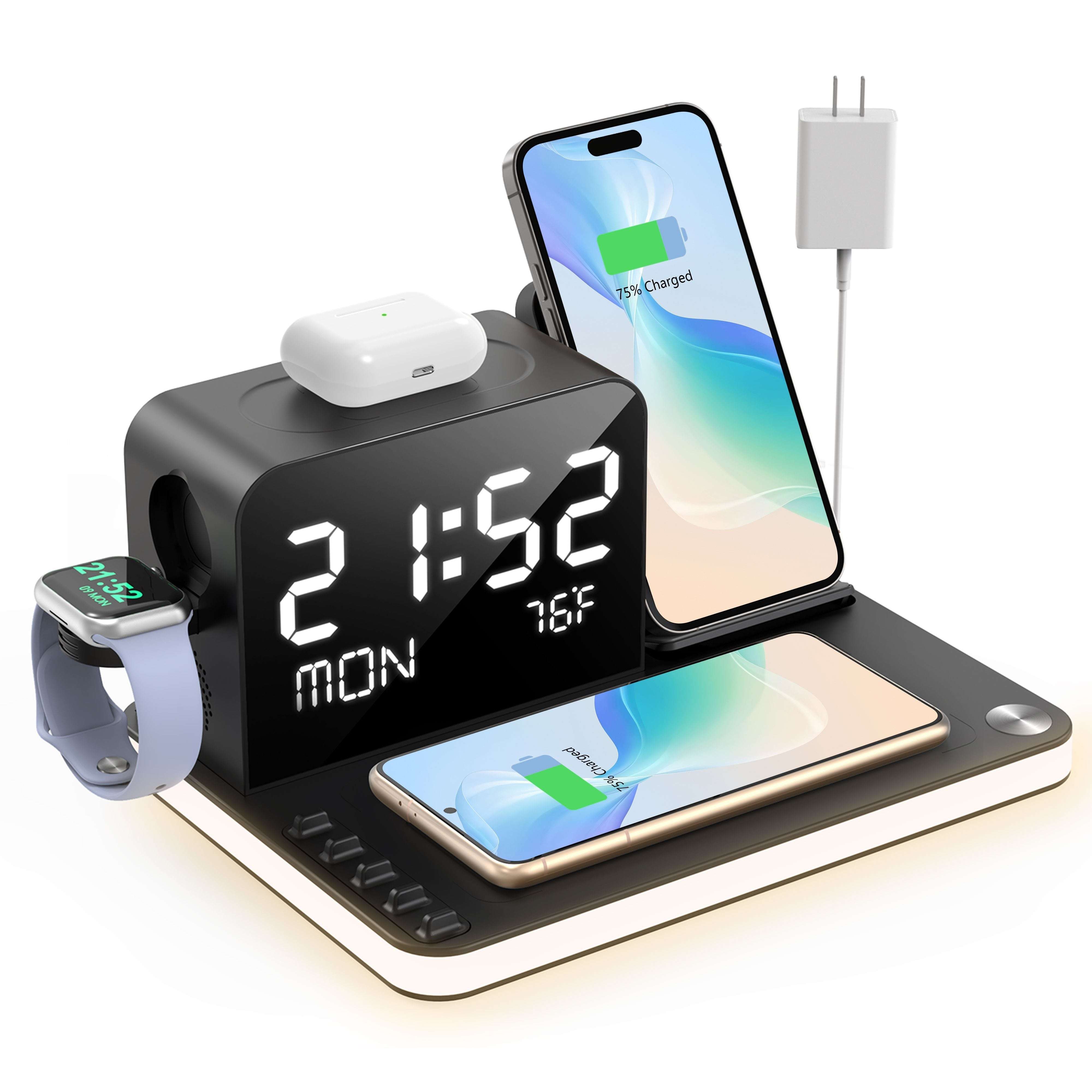 7-in-1 Wireless Charging Station with Night Light, Dual Phone Dock, Fast Charger for iPhone, AirPods & iWatch, 30W Adapter, USB-C & USB-A Outputs