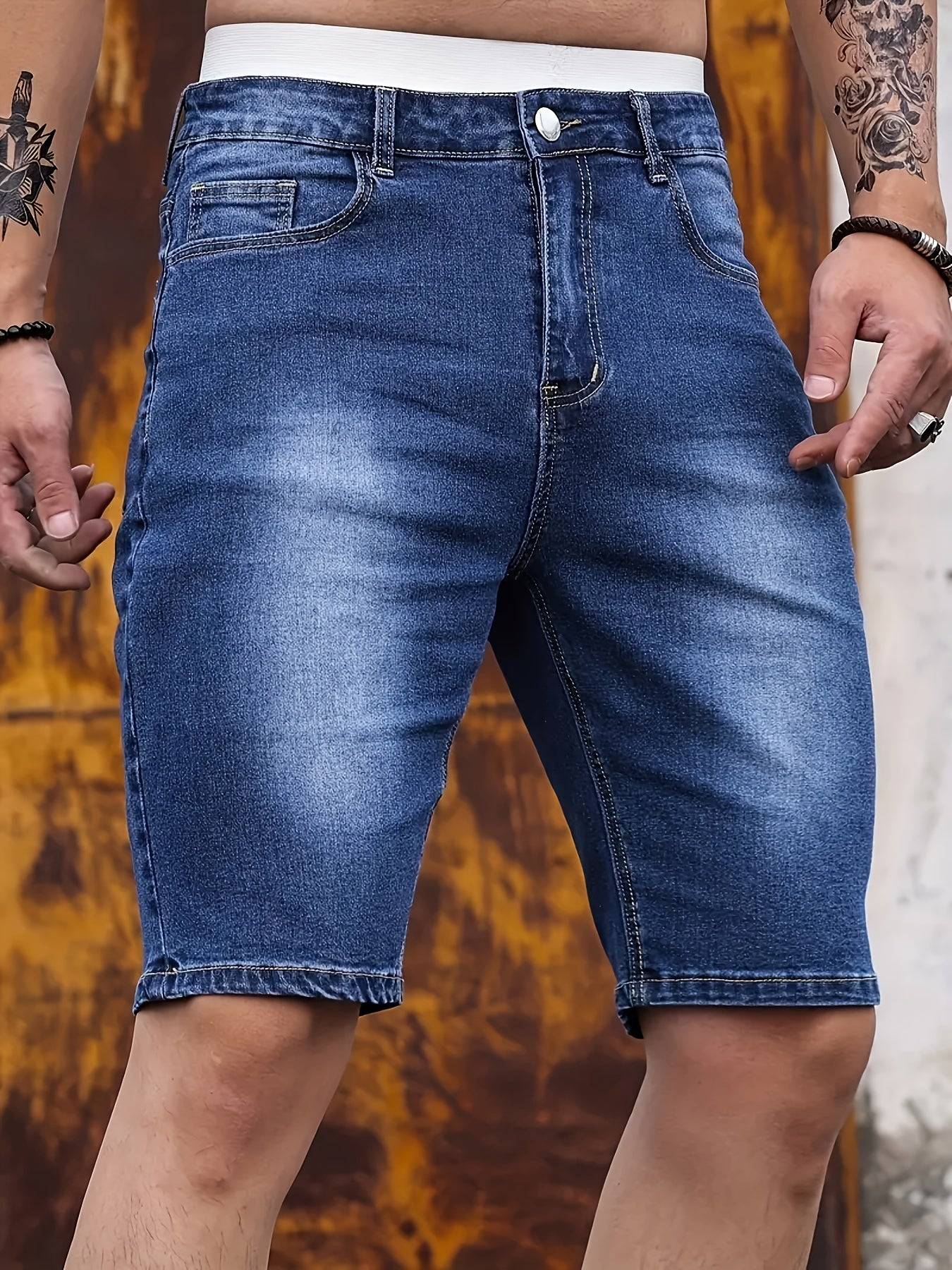Men’s Slim Fit Dark Blue Denim Shorts Knee-Length Straight Leg Multiple Pockets Mid-Stretch Fabric for Outdoor & Casual Wear