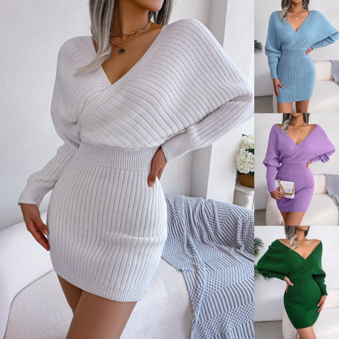 Dress Acrylic Bodycon Mini Cross V Neck Batwing Sleeve