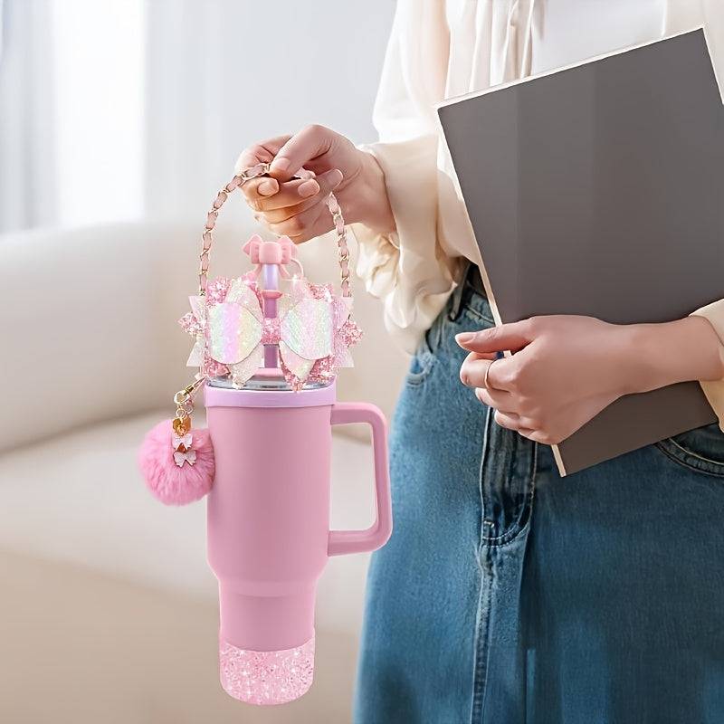 Bling Cup Accessories Set for 40oz & 30oz Tumblers, Silicone Bow Straw Topper, Cup Boot, Handle Strap and Decorative Charms (No Cup)