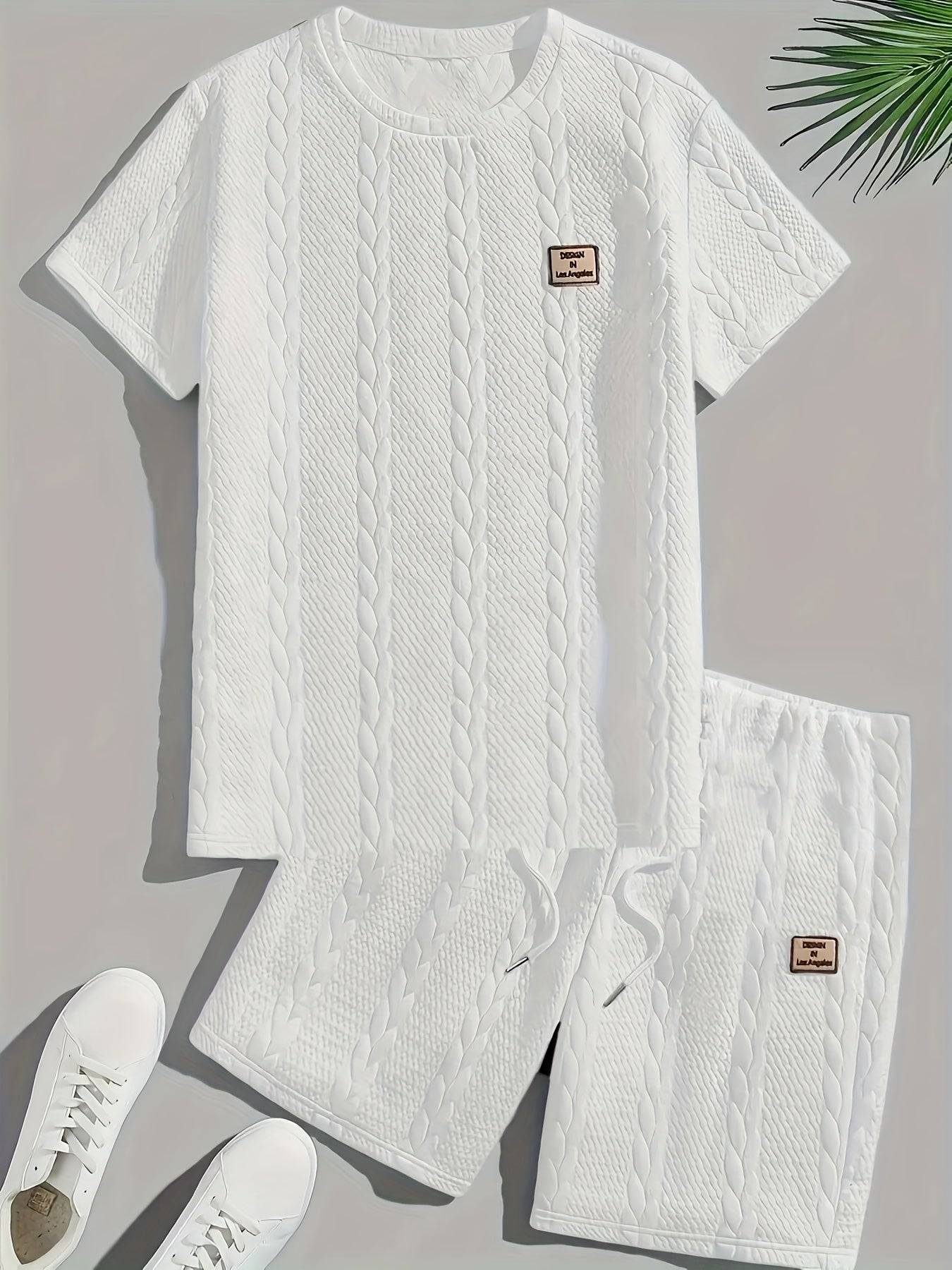 Men's Summer Two-Piece Set, Solid Color Jacquard T-Shirt with Round Neck and Matching Sports Shorts, Casual Outfit for Daily Wear