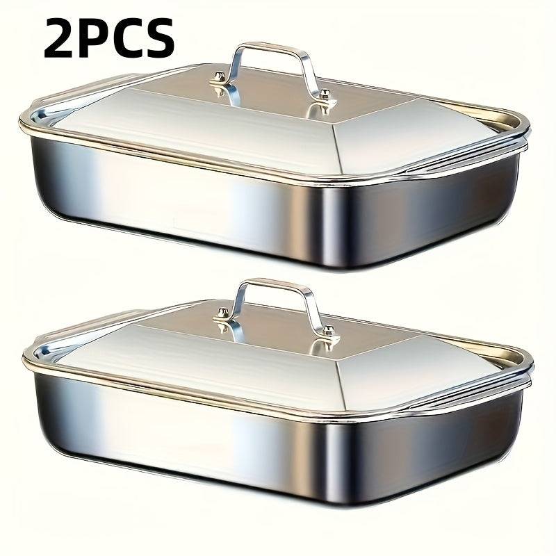 4pcs Stainless Steel Baking Pan Set – 2 Deep Dishes & 2 Handle-Lid Rectangular Roasting Pans, 16in Dishwasher Safe Cookware