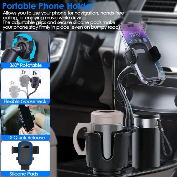 Car Cup Holder 2 in 1 Rotating Phone Mount Adjustable Base