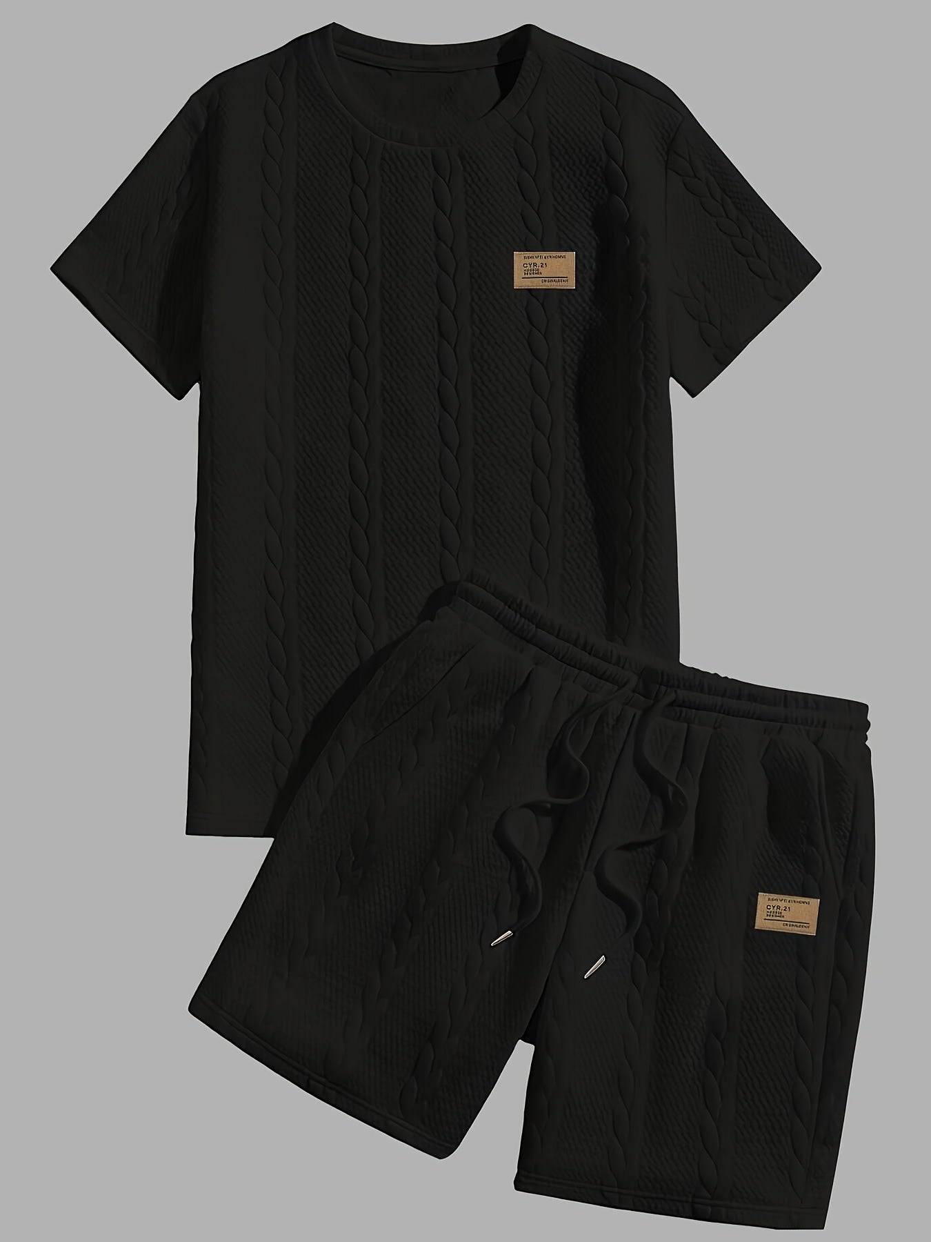 Men's Summer Two-Piece Set, Heavyweight Polyester T-Shirt with Round Neck and Printed Drawstring Shorts, Casual Outfit with Pockets