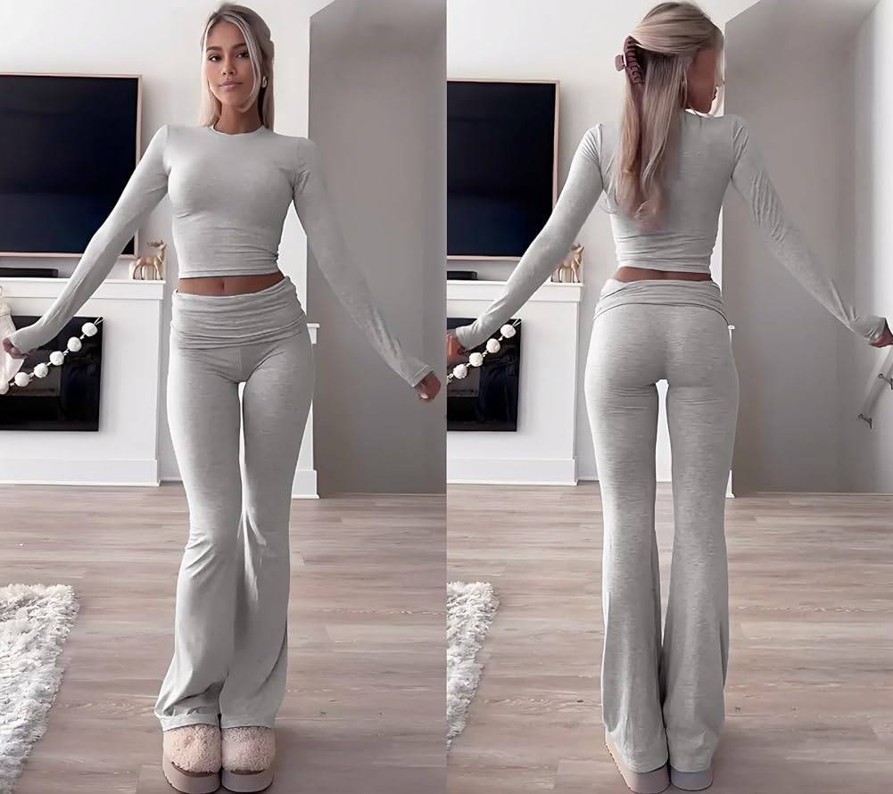 Womens Two Piece Set Long Sleeve Top High Waist Pants