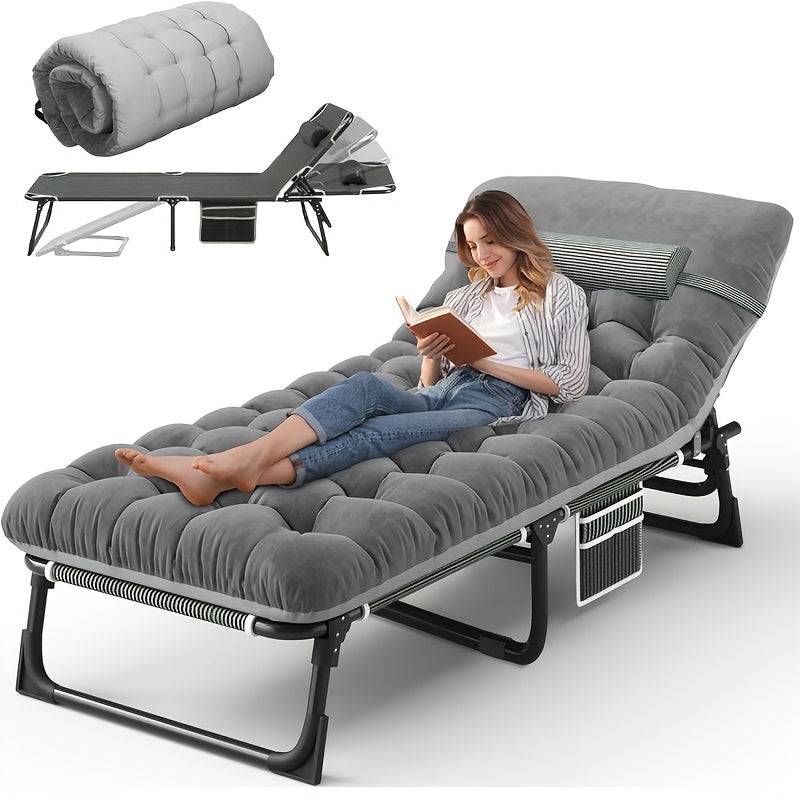 Adult Foldable Single Bed with Mattress and Pillows, Portable Lightweight Frame for Camping, Patio, Poolside and Outdoor Travel