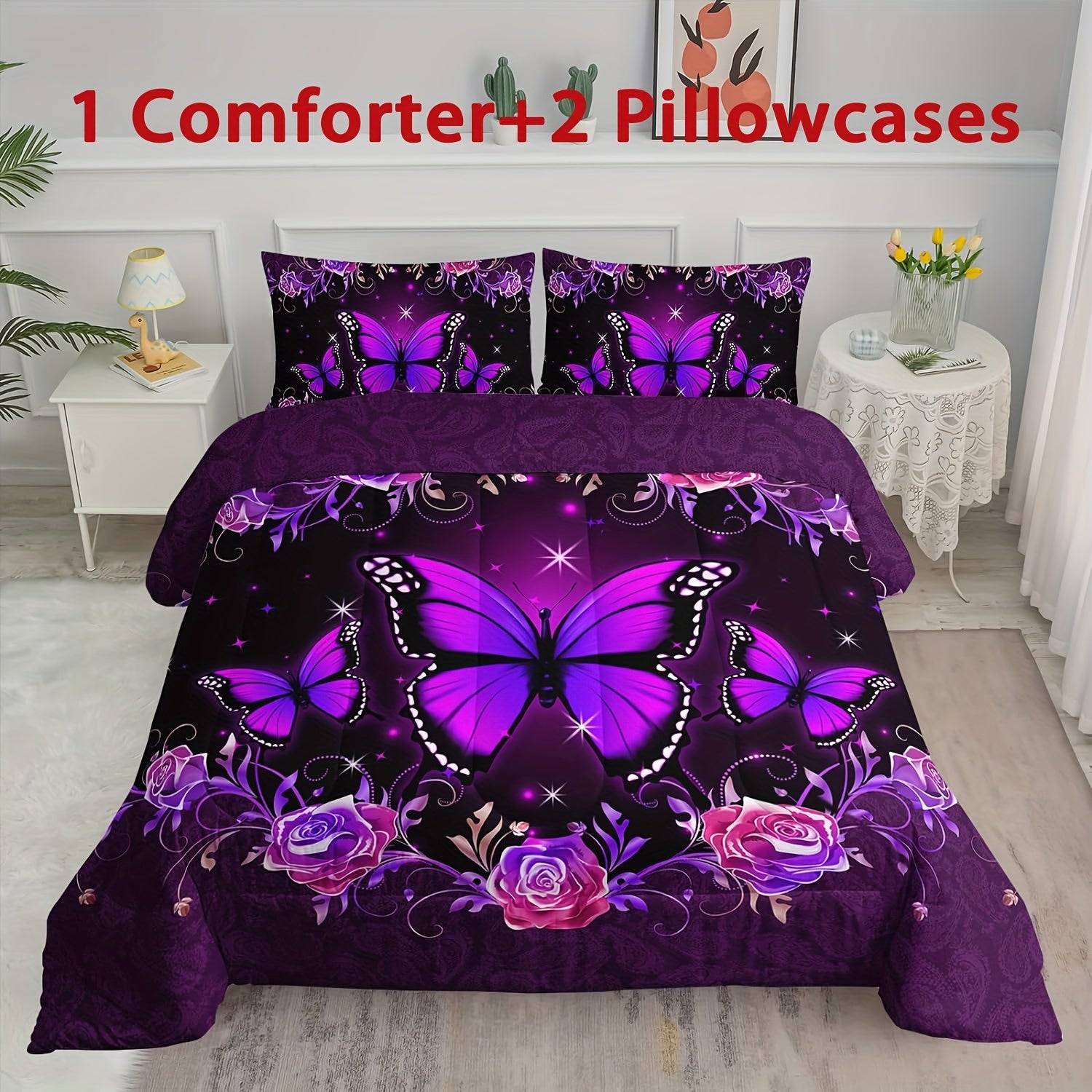 Butterfly Comforter Set Queen Size – 3pcs Floral Bedding Set for Adults, Ultra-Soft 100% Polyester, Purple Botanical Print, Ideal for Guest Room & Valentine's Day Gift