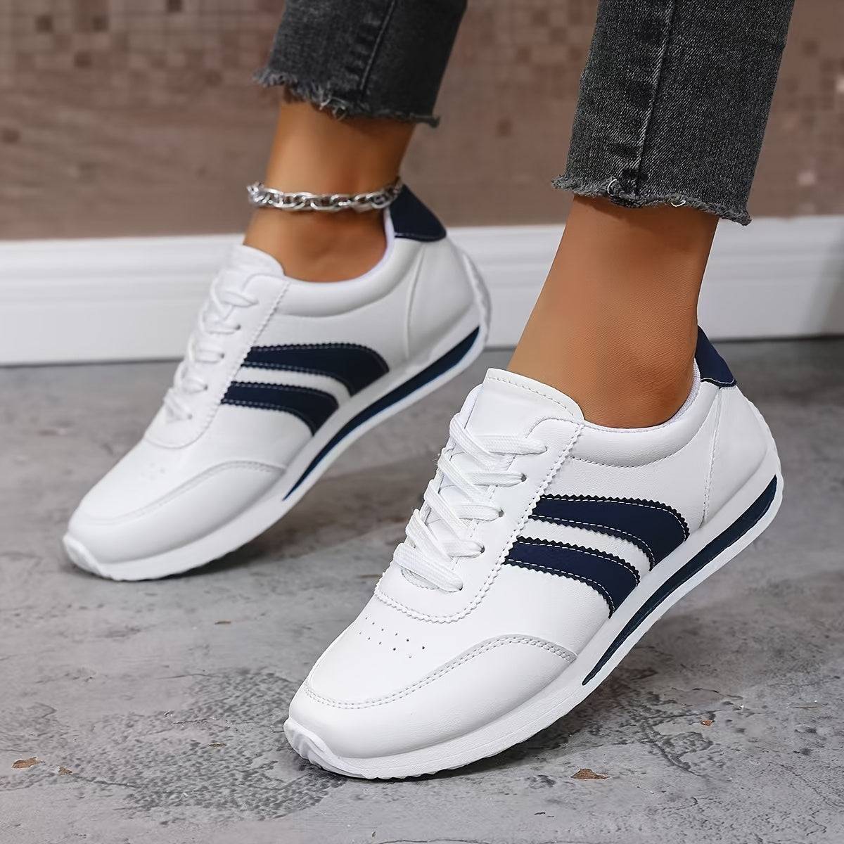 Women’s Lightweight Sneakers – Cushioned Insoles, Non-Slip Sole, White with Navy Accents