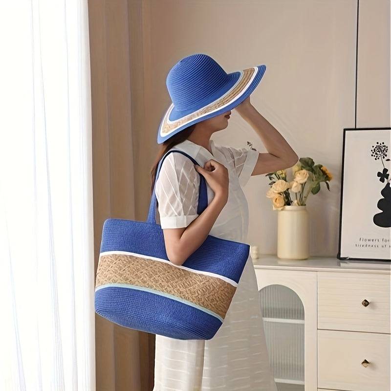 Model in blue and tan 2pcs Summer Travel Set with wide brim straw hat and large beach bag, perfect for beach and resort wear.