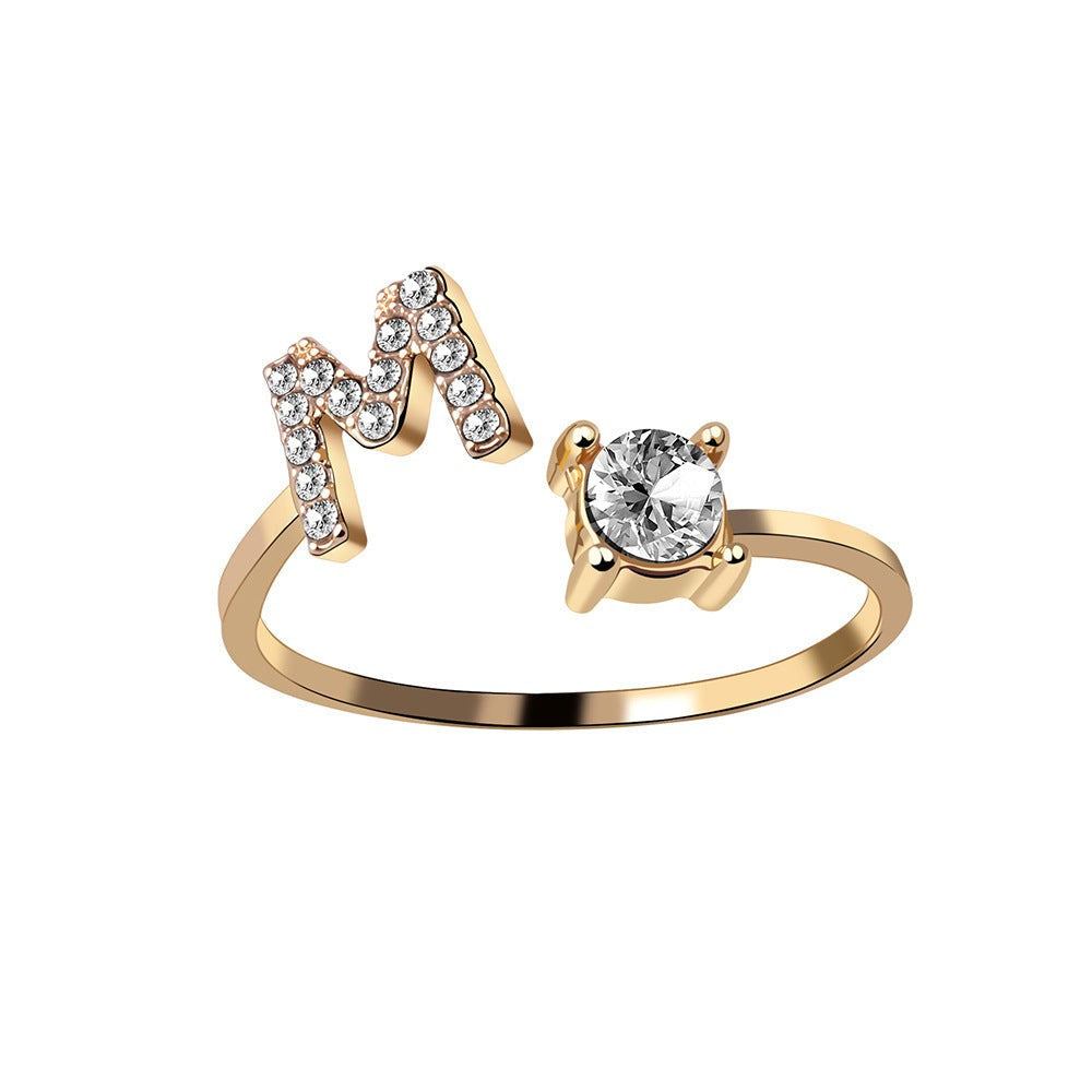 Adjustable Letter Ring with Zircon 26 Initial Design Women