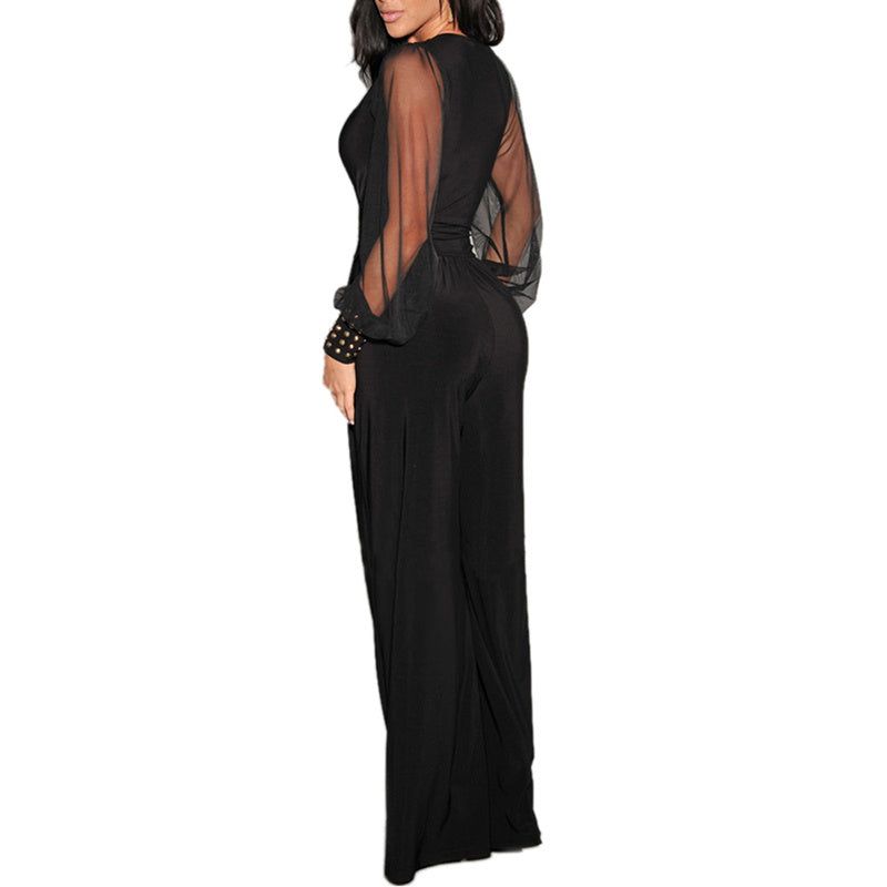Mesh V Neck Jumpsuit with Wide Leg Silhouette