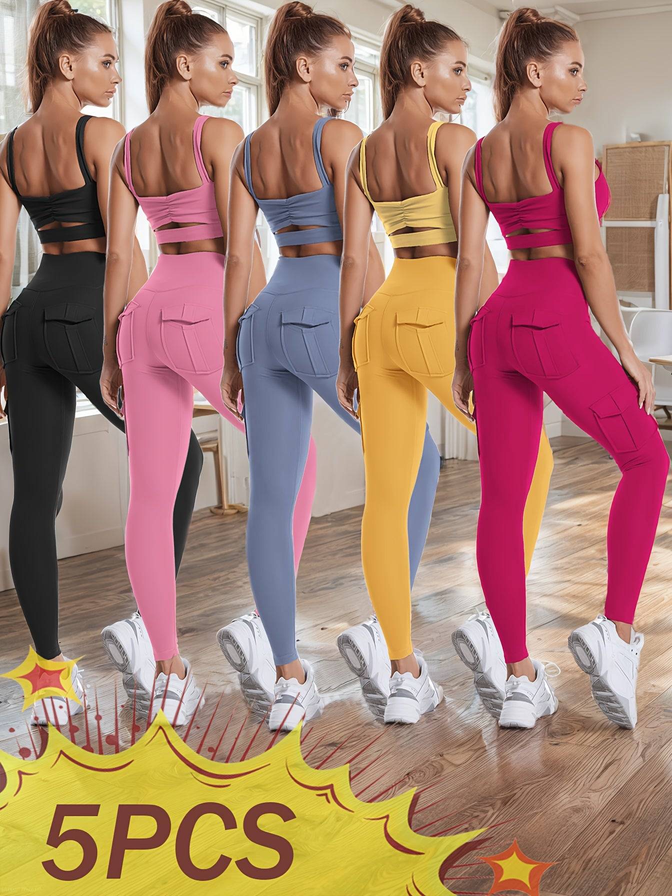 5-Pack Women's High-Waist Leggings with 4 Pockets, Butt-Lifting Tummy Control Workout Pants, 4-Way Stretch Cargo Sports Leggings Set