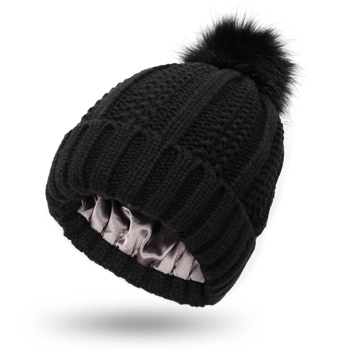 Womens Winter Hat Satin Lined Knit Beanie with Fur Pom