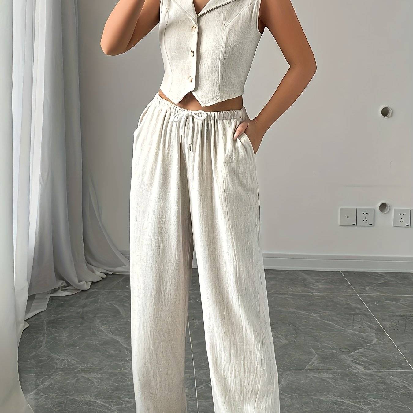 Women’s Two-Piece Set – Sleeveless Blazer Collar Top & Casual Pants for Work, Outings & Holidays