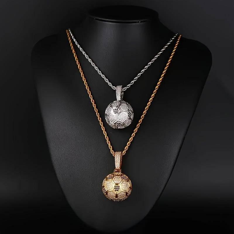 Men's 18K Gold Plated Soccer Pendant Necklace Twisted 3mm Chain with Zirconia Gift-Ready Sporty Jewelry