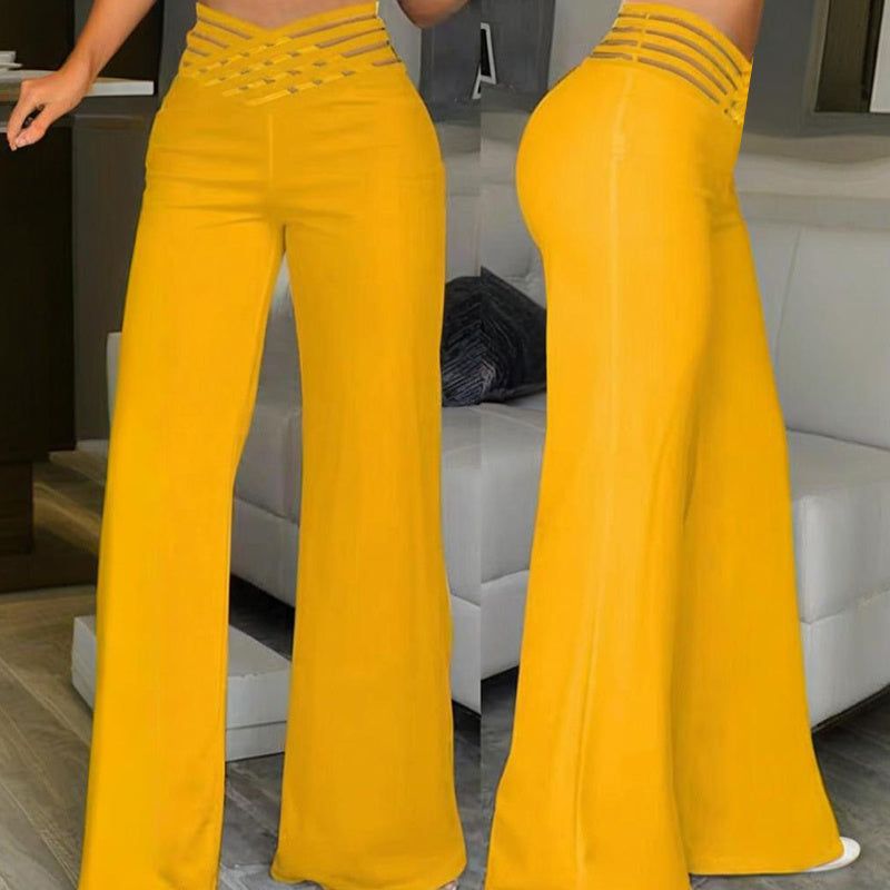 High Waist Mesh Patchwork Pants with Elegant Cross Detail