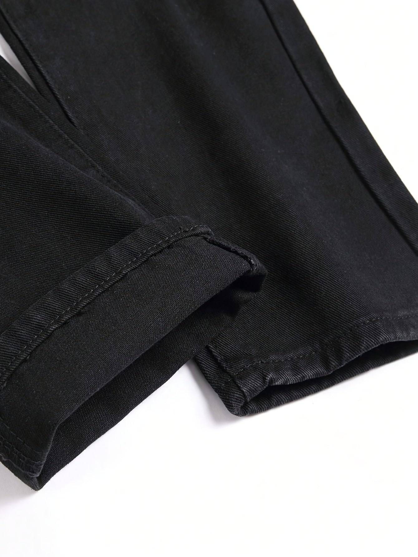 Men’s Stretch Skinny Ripped Jeans – Mid-Rise Distressed Solid Color Denim Pants with Multi-Pocket Workwear Design for Everyday Wear