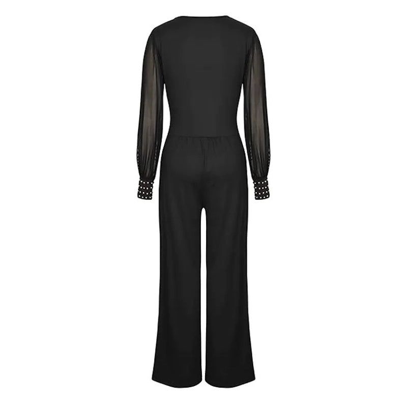 Mesh V Neck Jumpsuit with Wide Leg Silhouette